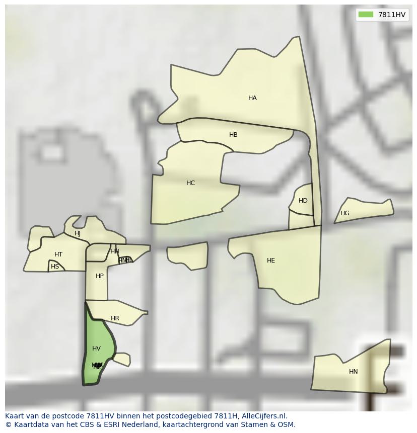 Afbeelding van het postcodegebied 7811 HV op de kaart.