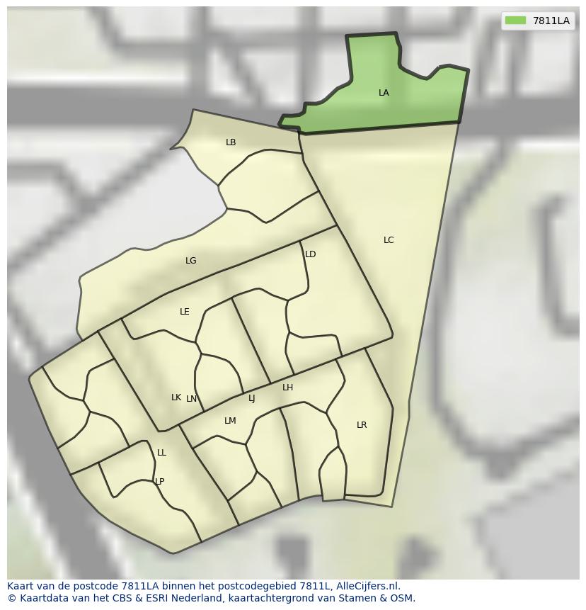Afbeelding van het postcodegebied 7811 LA op de kaart.