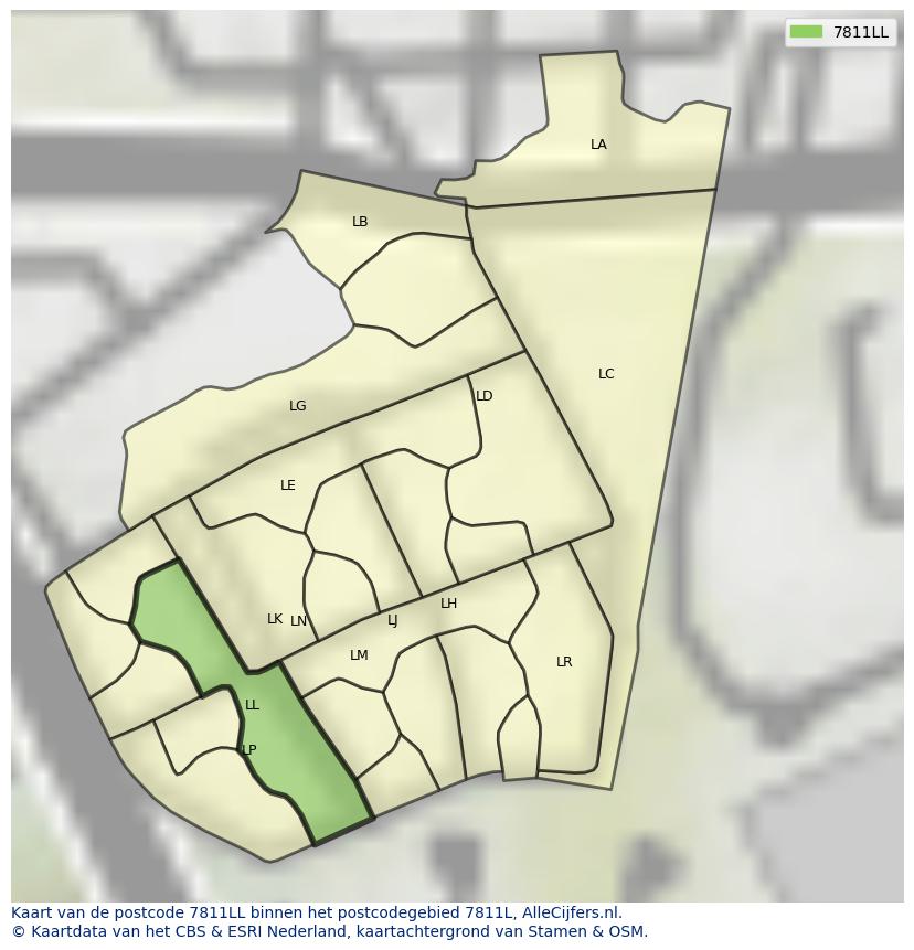 Afbeelding van het postcodegebied 7811 LL op de kaart.