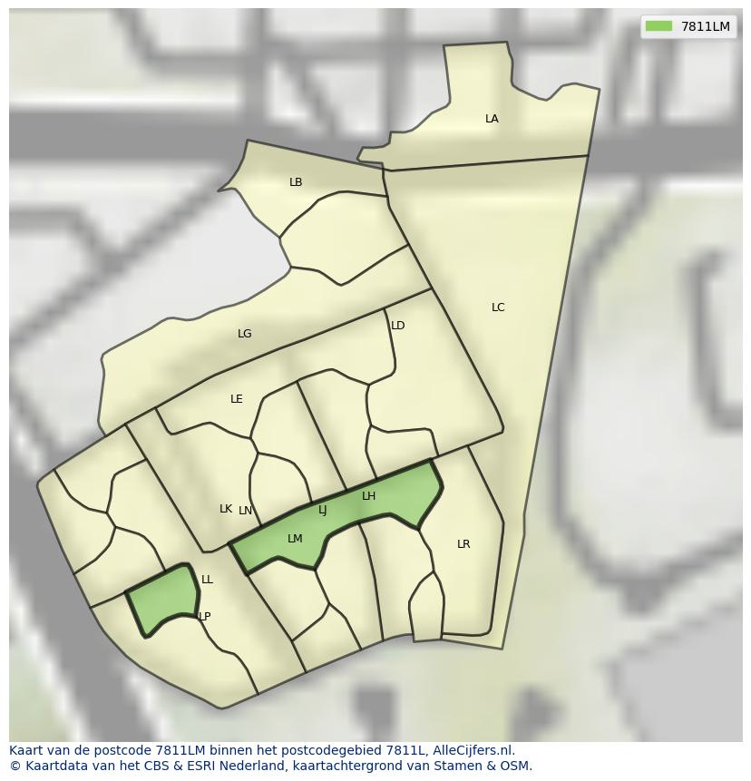 Afbeelding van het postcodegebied 7811 LM op de kaart.