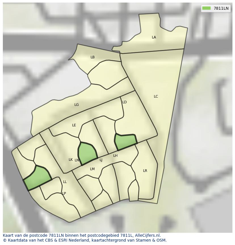 Afbeelding van het postcodegebied 7811 LN op de kaart.