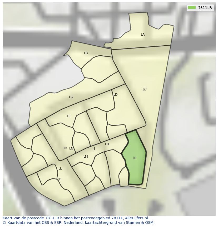 Afbeelding van het postcodegebied 7811 LR op de kaart.