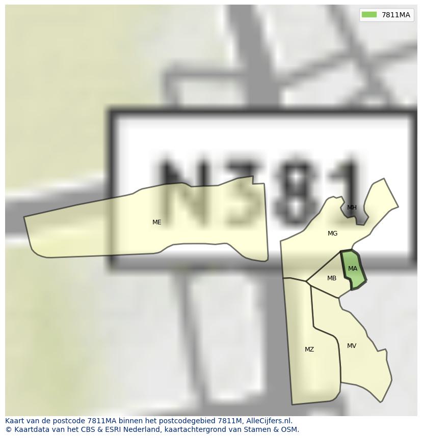 Afbeelding van het postcodegebied 7811 MA op de kaart.
