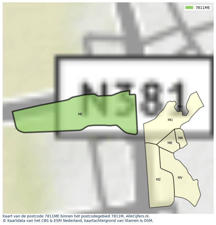 Afbeelding van het postcodegebied 7811 ME op de kaart.