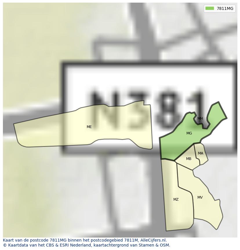 Afbeelding van het postcodegebied 7811 MG op de kaart.