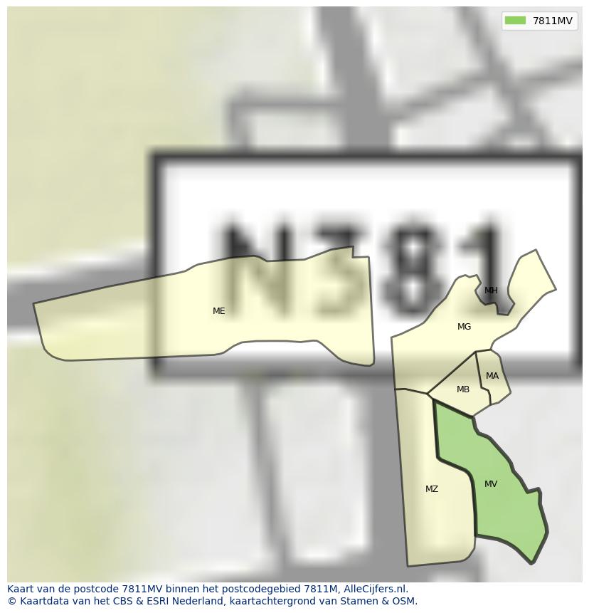 Afbeelding van het postcodegebied 7811 MV op de kaart.