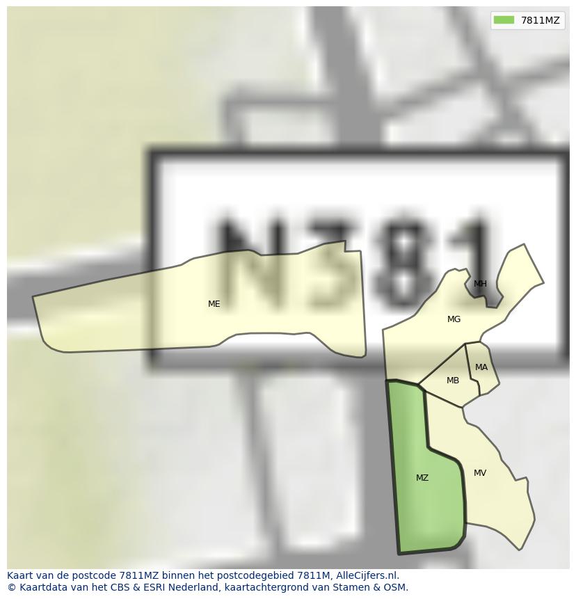 Afbeelding van het postcodegebied 7811 MZ op de kaart.