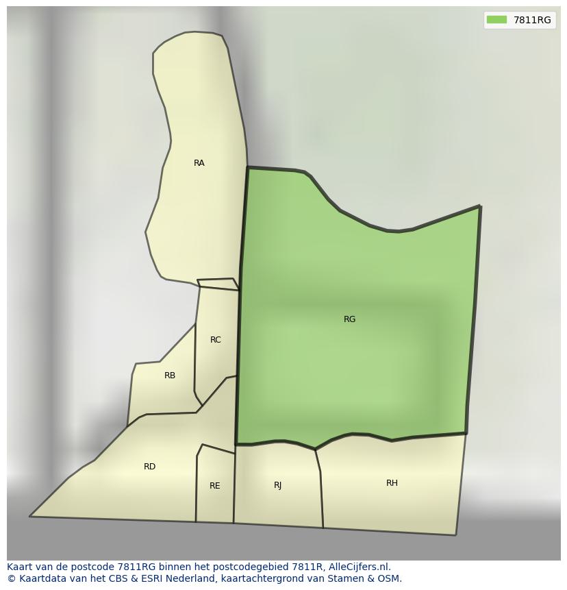 Afbeelding van het postcodegebied 7811 RG op de kaart.