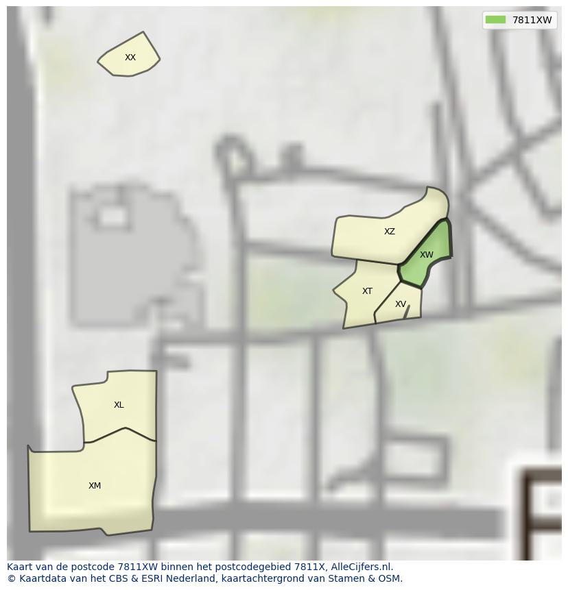 Afbeelding van het postcodegebied 7811 XW op de kaart.