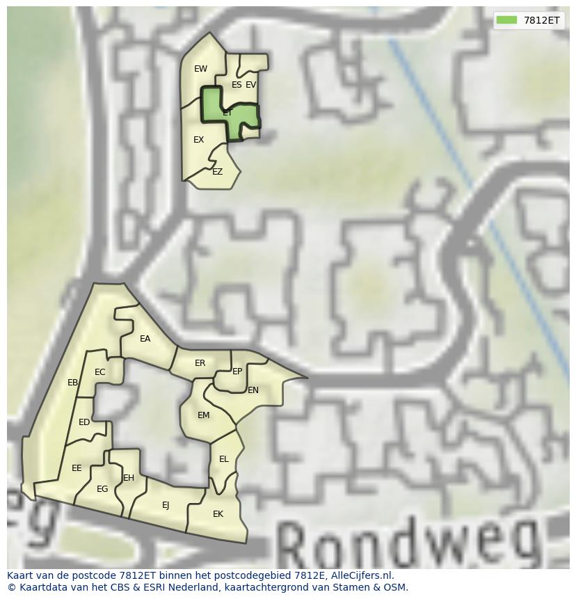 Afbeelding van het postcodegebied 7812 ET op de kaart.