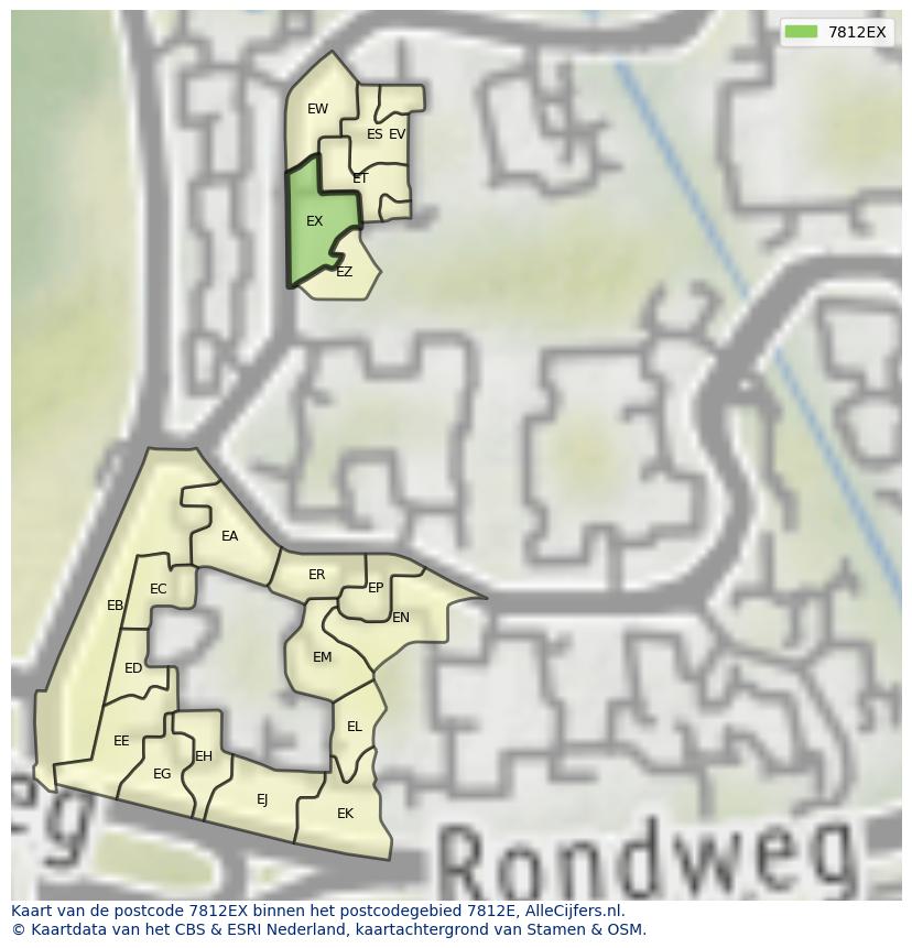 Afbeelding van het postcodegebied 7812 EX op de kaart.