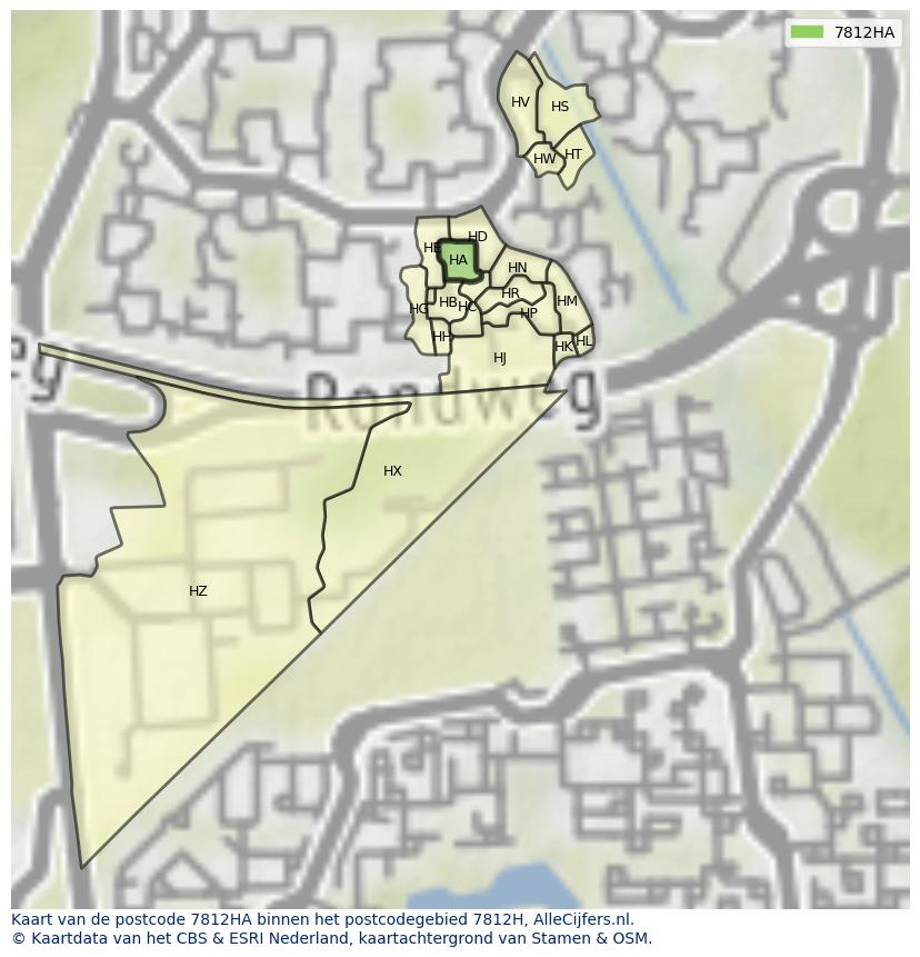 Afbeelding van het postcodegebied 7812 HA op de kaart.