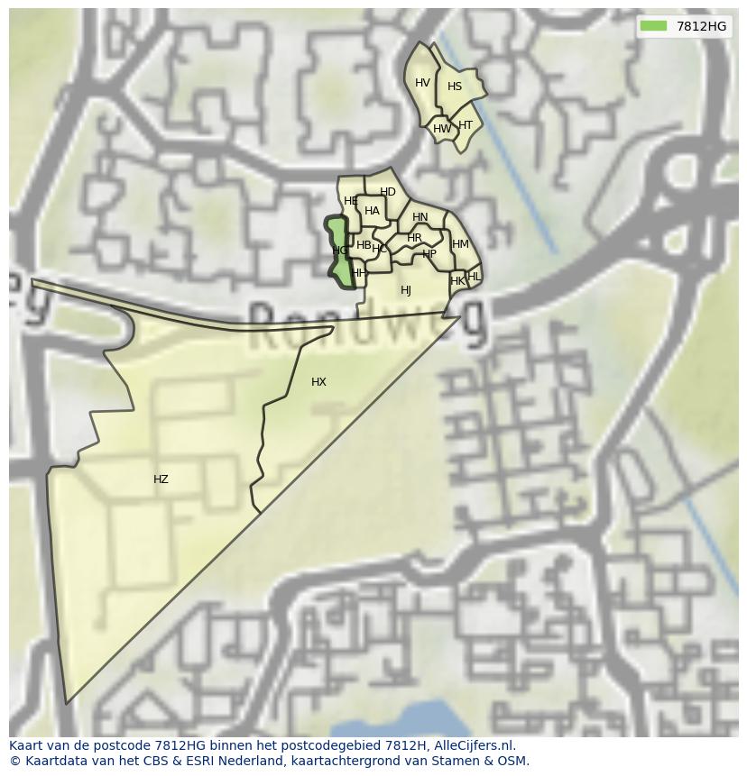 Afbeelding van het postcodegebied 7812 HG op de kaart.