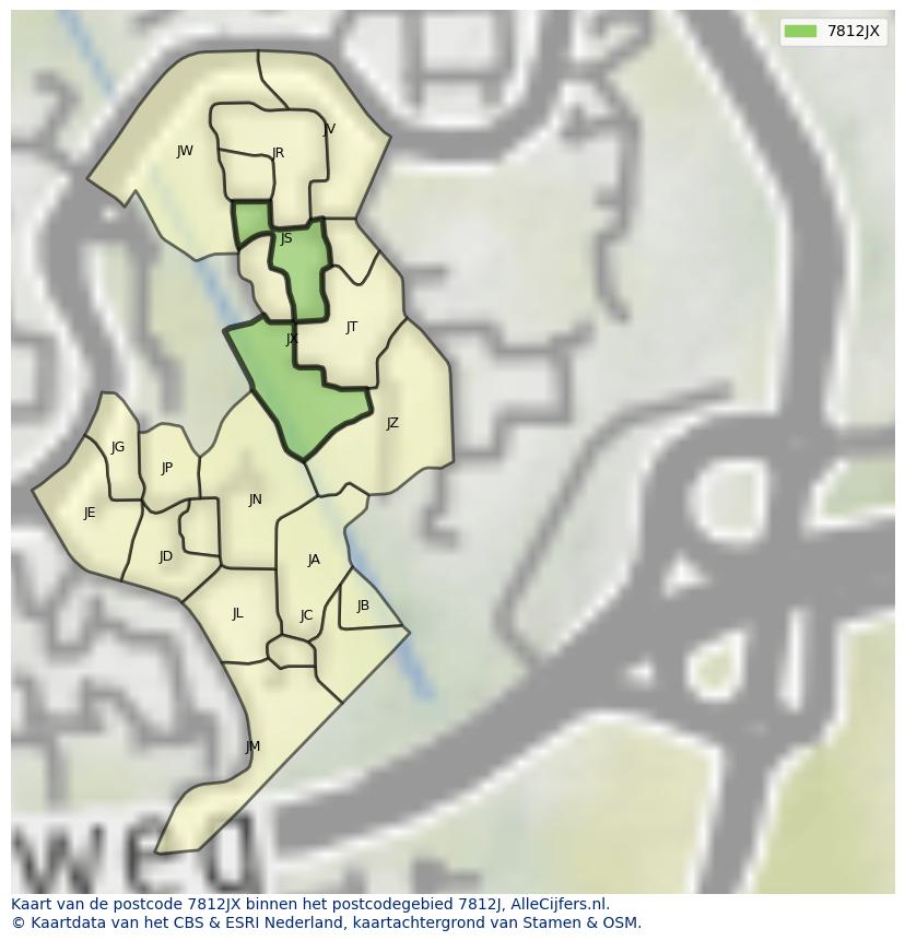 Afbeelding van het postcodegebied 7812 JX op de kaart.