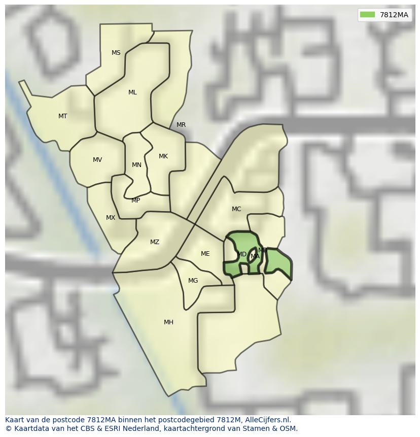 Afbeelding van het postcodegebied 7812 MA op de kaart.