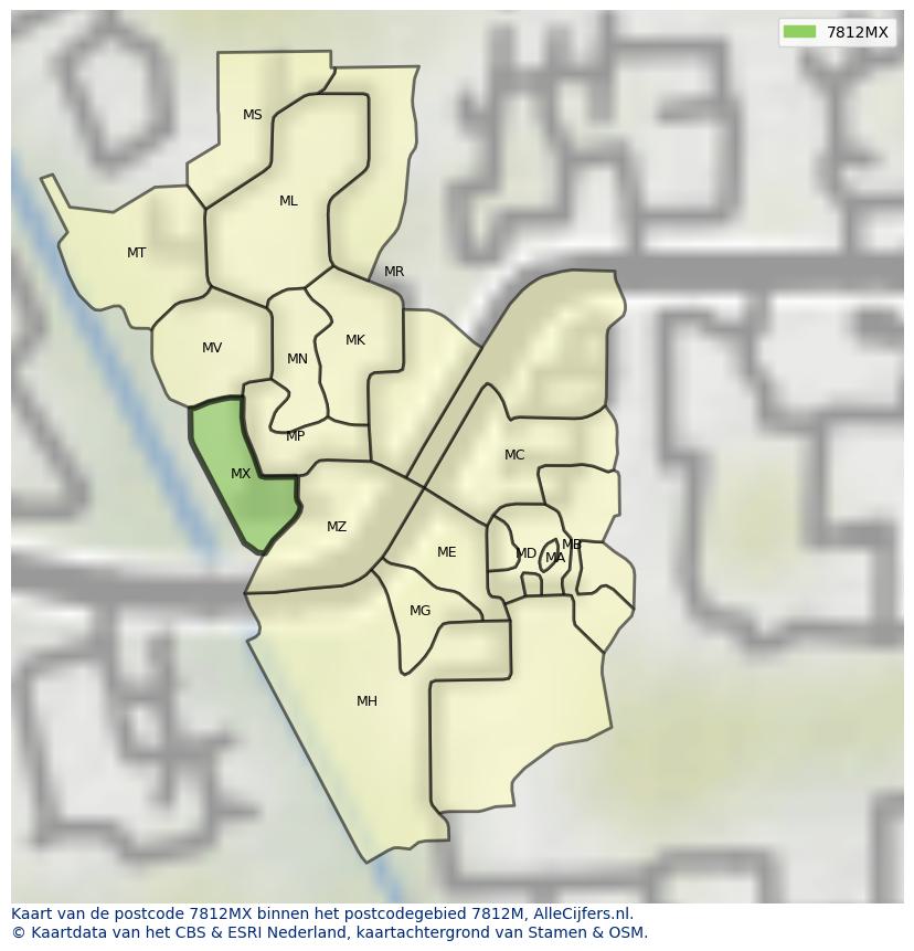 Afbeelding van het postcodegebied 7812 MX op de kaart.