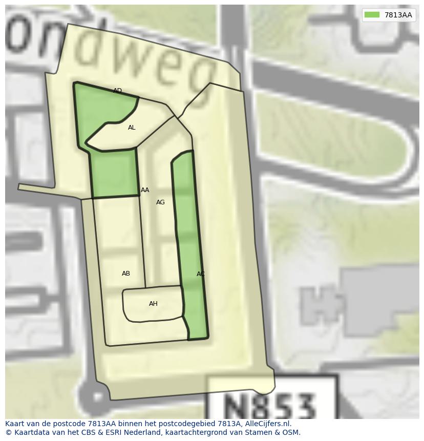 Afbeelding van het postcodegebied 7813 AA op de kaart.