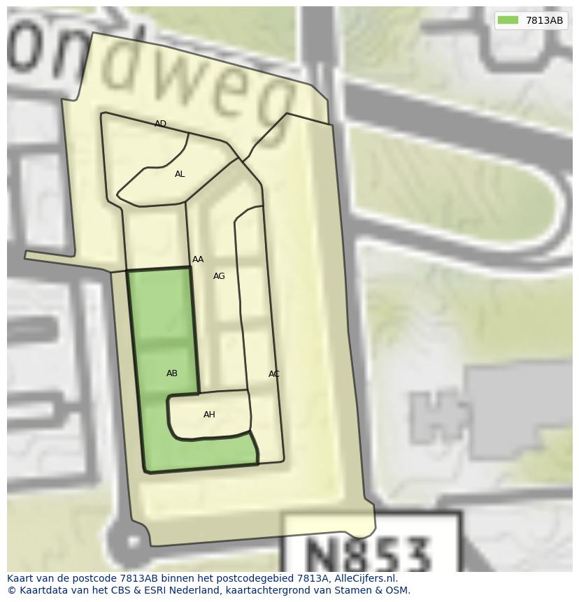 Afbeelding van het postcodegebied 7813 AB op de kaart.