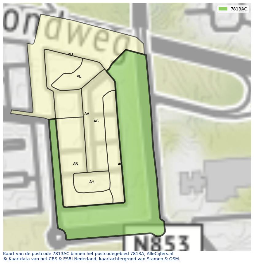Afbeelding van het postcodegebied 7813 AC op de kaart.