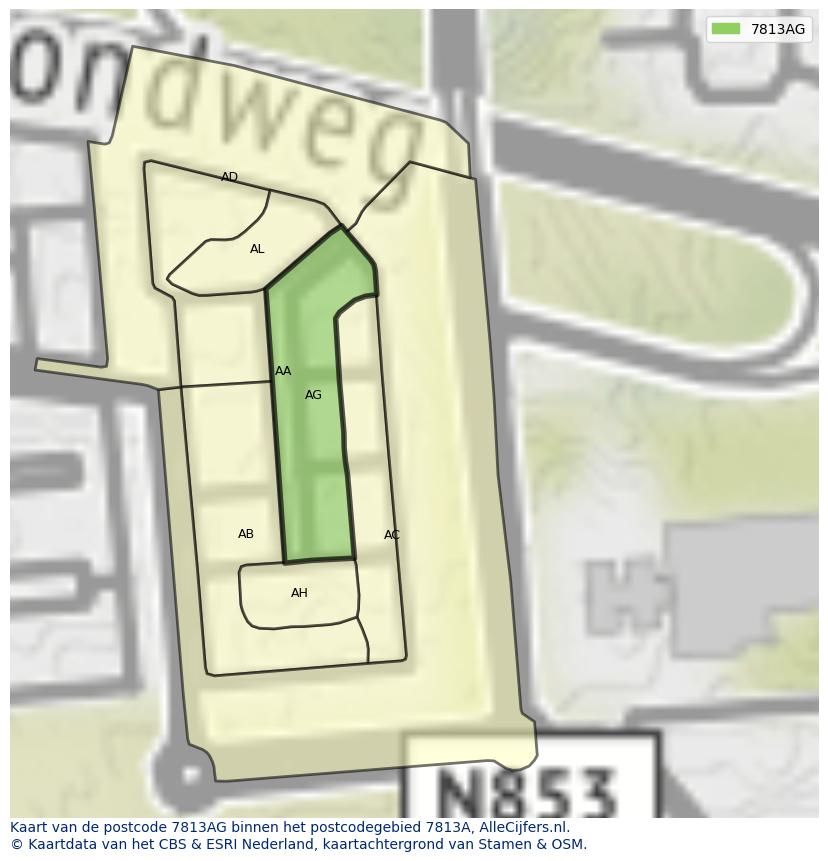Afbeelding van het postcodegebied 7813 AG op de kaart.