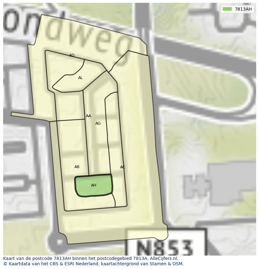 Afbeelding van het postcodegebied 7813 AH op de kaart.