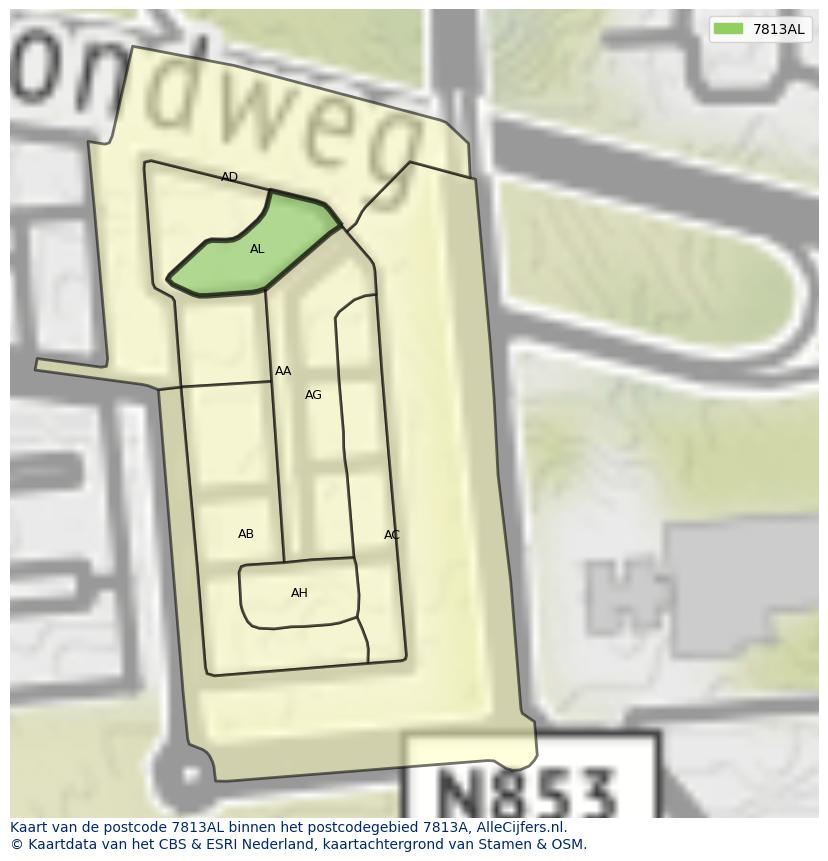 Afbeelding van het postcodegebied 7813 AL op de kaart.