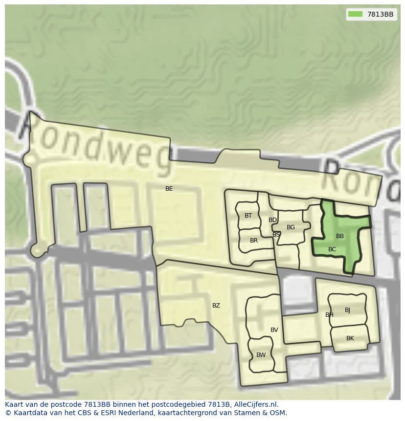 Afbeelding van het postcodegebied 7813 BB op de kaart.