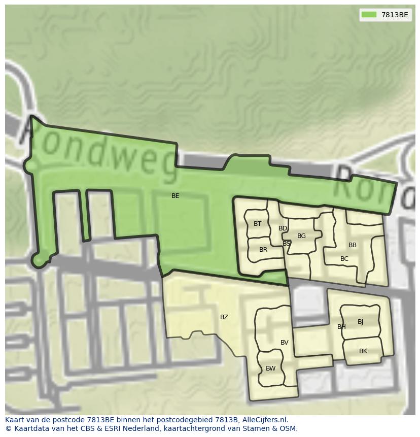 Afbeelding van het postcodegebied 7813 BE op de kaart.