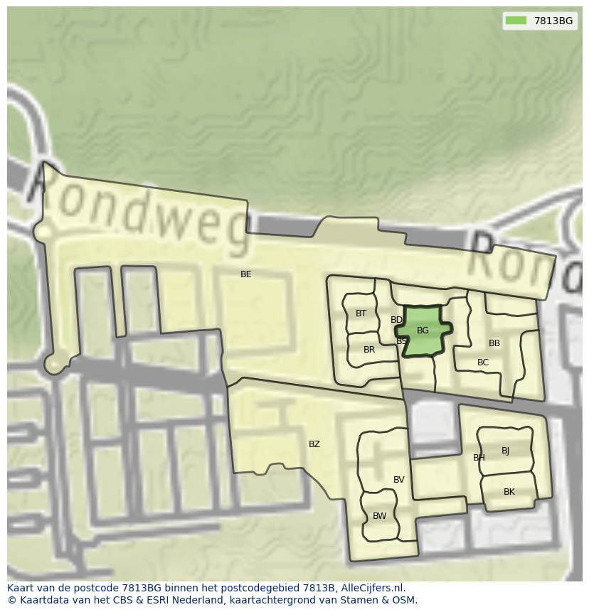 Afbeelding van het postcodegebied 7813 BG op de kaart.