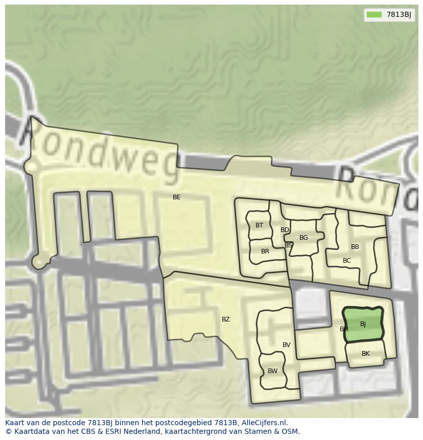 Afbeelding van het postcodegebied 7813 BJ op de kaart.