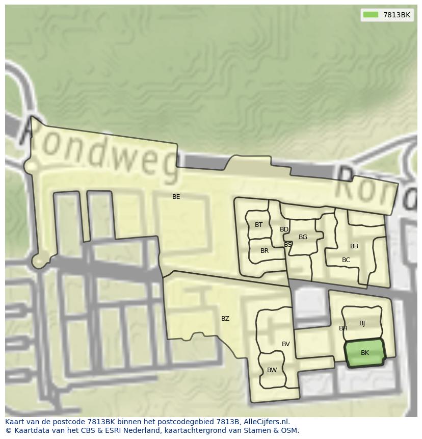 Afbeelding van het postcodegebied 7813 BK op de kaart.