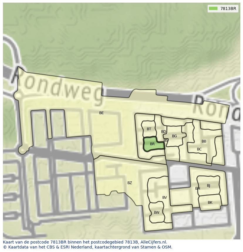 Afbeelding van het postcodegebied 7813 BR op de kaart.
