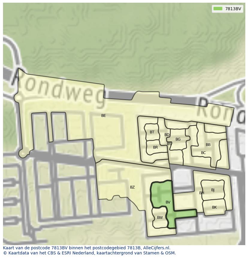 Afbeelding van het postcodegebied 7813 BV op de kaart.