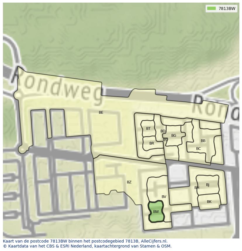 Afbeelding van het postcodegebied 7813 BW op de kaart.