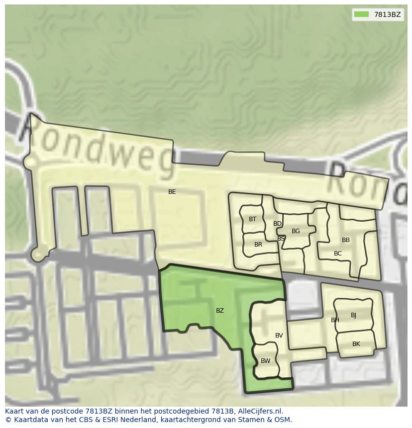 Afbeelding van het postcodegebied 7813 BZ op de kaart.