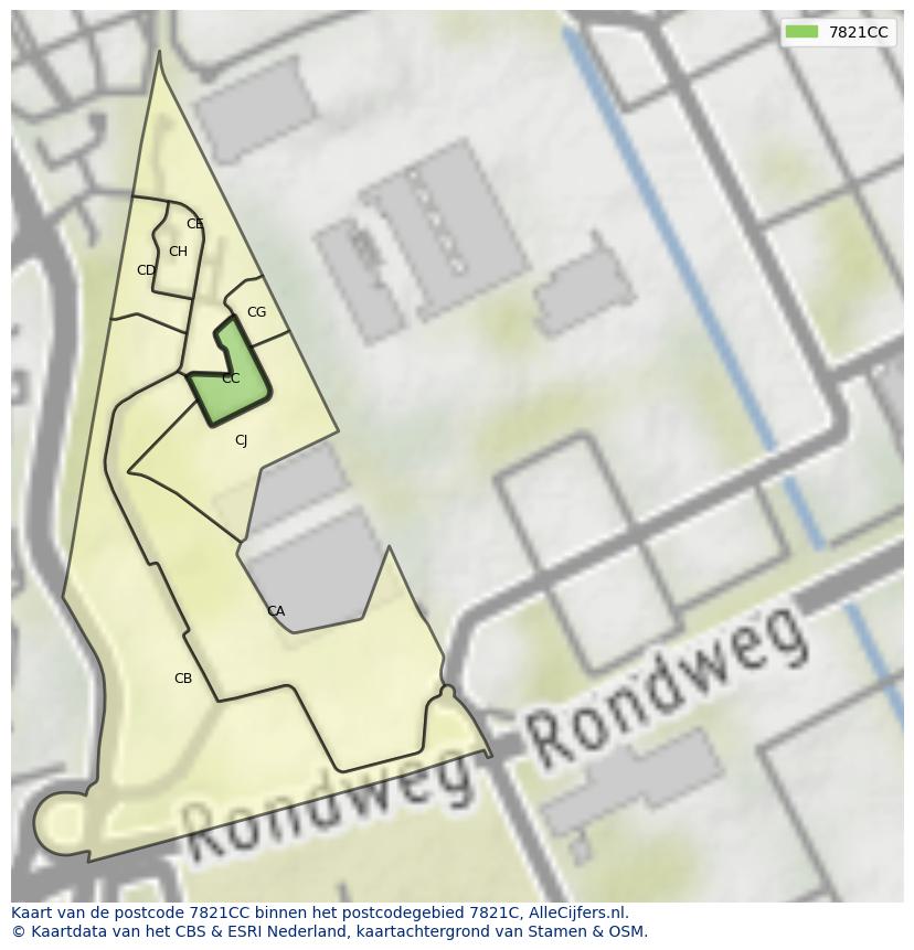 Afbeelding van het postcodegebied 7821 CC op de kaart.