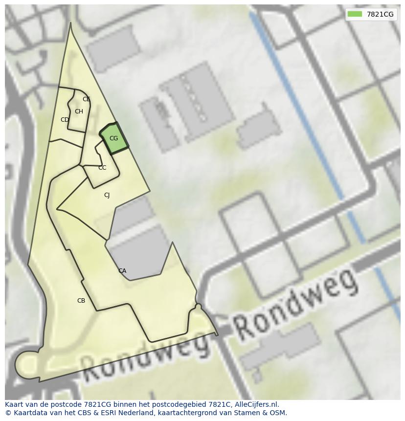 Afbeelding van het postcodegebied 7821 CG op de kaart.