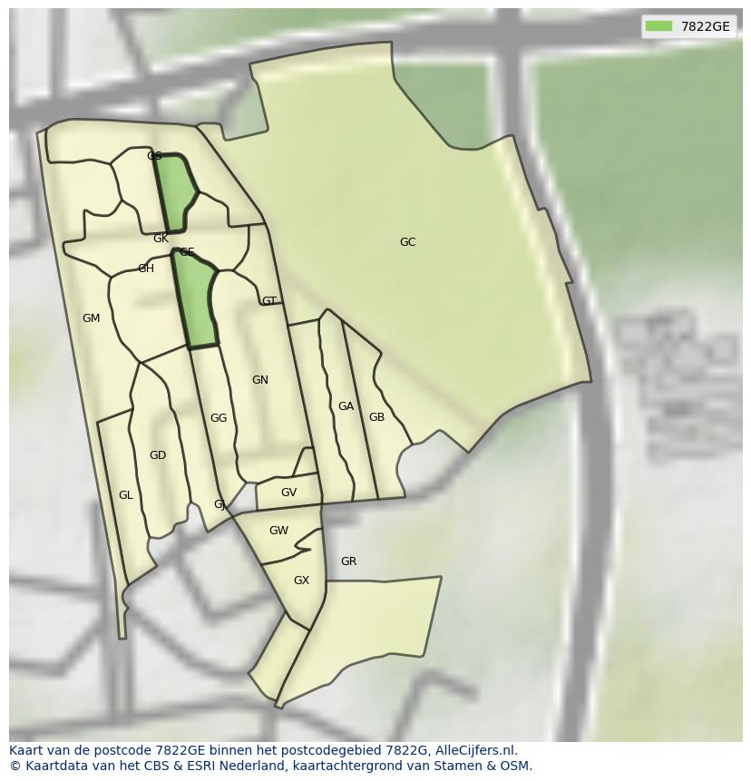 Afbeelding van het postcodegebied 7822 GE op de kaart.