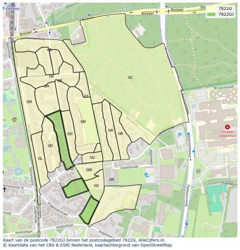 Afbeelding van het postcodegebied 7822 GJ op de kaart.