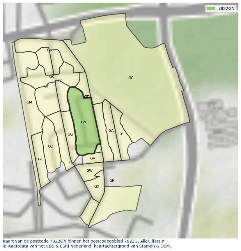 Afbeelding van het postcodegebied 7822 GN op de kaart.
