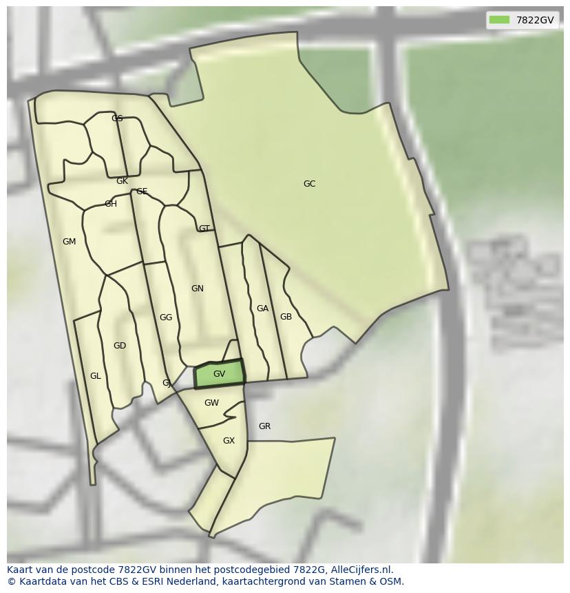 Afbeelding van het postcodegebied 7822 GV op de kaart.