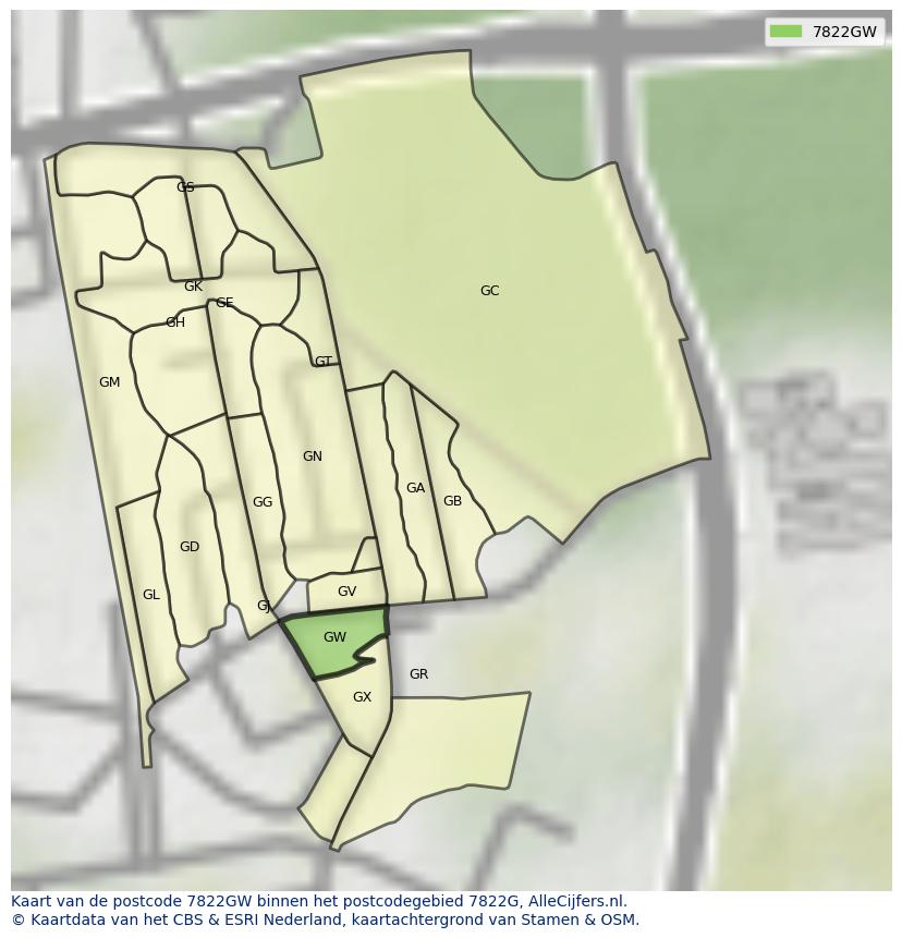 Afbeelding van het postcodegebied 7822 GW op de kaart.