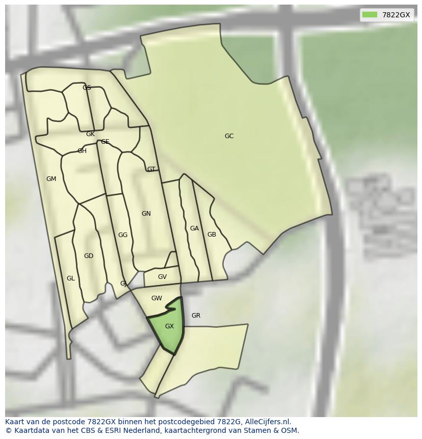 Afbeelding van het postcodegebied 7822 GX op de kaart.