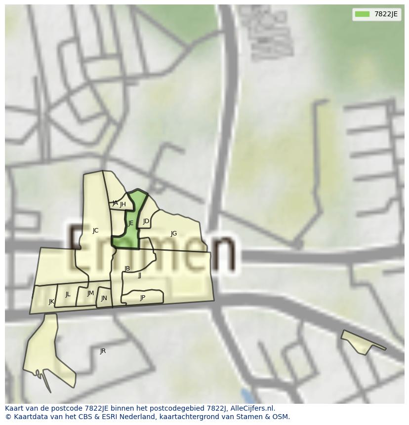 Afbeelding van het postcodegebied 7822 JE op de kaart.