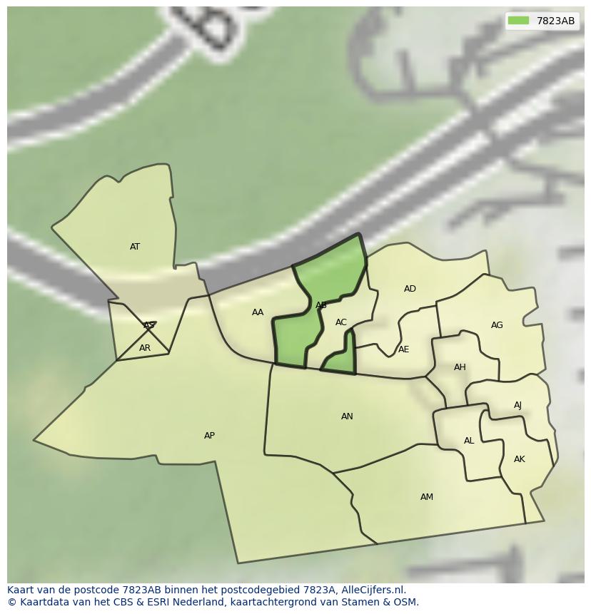 Afbeelding van het postcodegebied 7823 AB op de kaart.