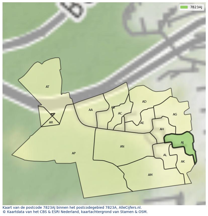 Afbeelding van het postcodegebied 7823 AJ op de kaart.