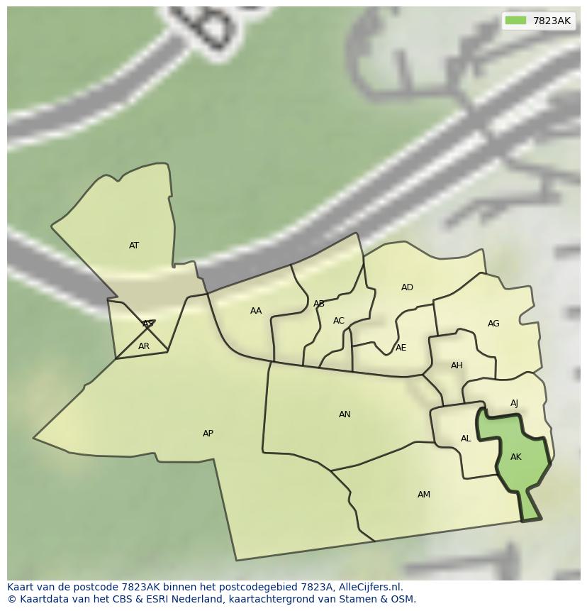 Afbeelding van het postcodegebied 7823 AK op de kaart.