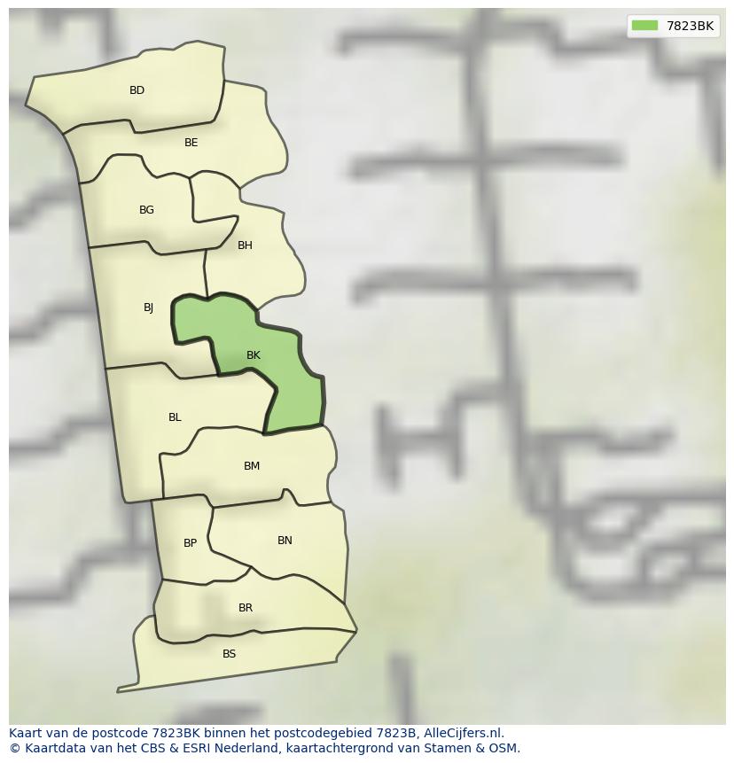 Afbeelding van het postcodegebied 7823 BK op de kaart.