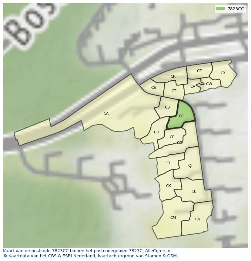 Afbeelding van het postcodegebied 7823 CC op de kaart.