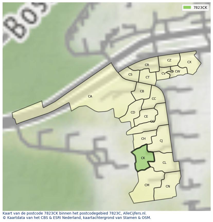 Afbeelding van het postcodegebied 7823 CK op de kaart.